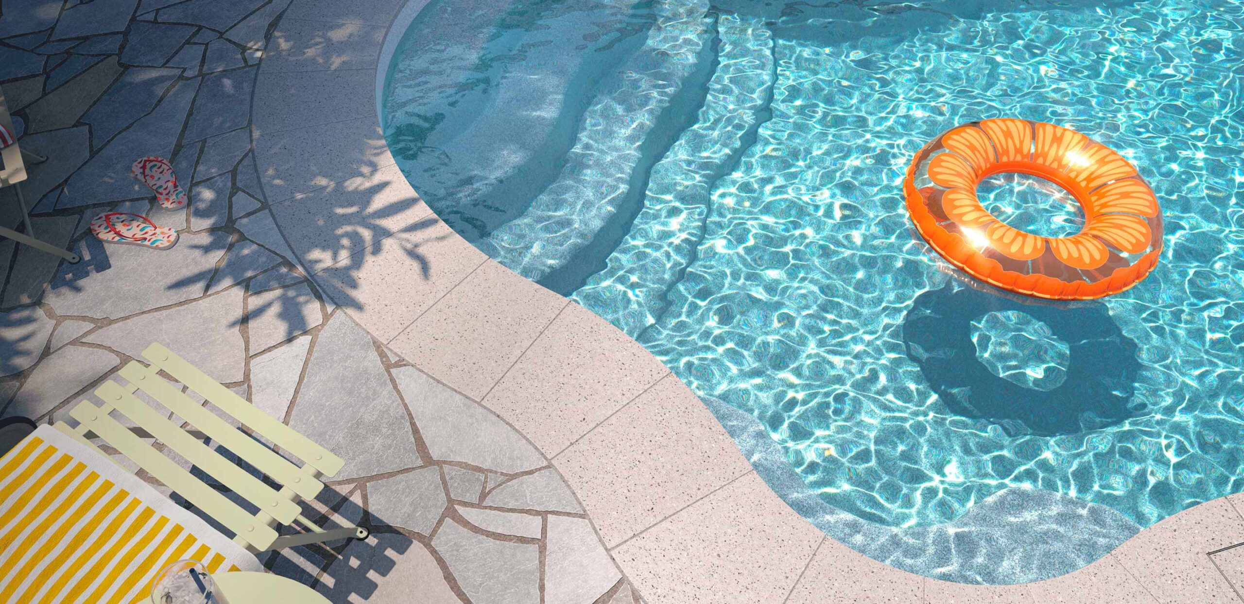 curved inground pool with float and lounge chair